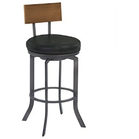 Industrial 30" Bar Height Metal Swivel Barstool in Vintage Black Faux Leather with Mineral Finish and Walnut Wood Back