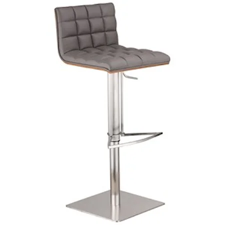 Adjustable Height Brushed Stainless Steel Bar Stool in Gray Faux Leather with Walnut Back