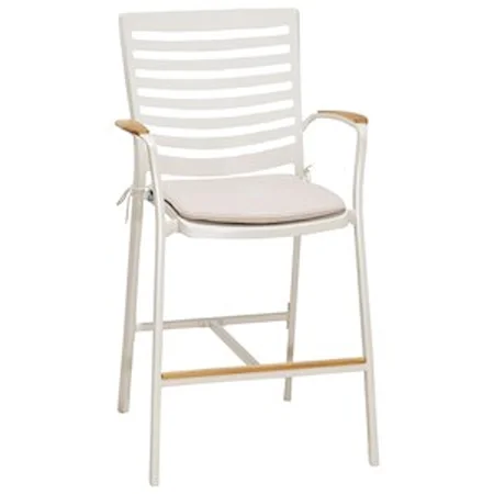 Contemporary Outdoor Patio Aluminum Barstool with Natural Teak Wood Accent and Cushions