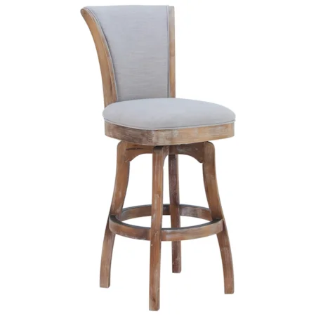 30" Bar Height Swivel Barstool in Distressed Oak Finish with Putty Ivory Linen