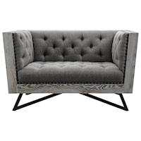 Contemporary Tufted Chair With Distressed Wood Frame And Gunmetal Legs