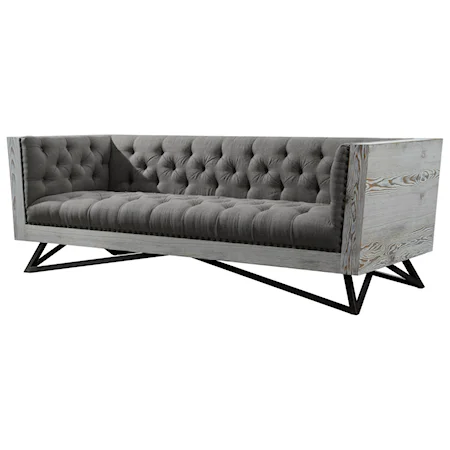 Contemporary Tufted Sofa With Distressed Wood Frame And Gunmetal Legs