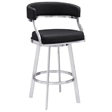 Modern 30" Bar Height Barstool in Brushed Stainless Steel Finish with Black Faux Leather