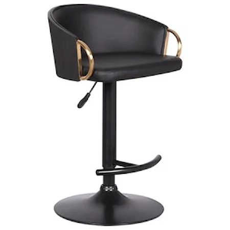 Adjustable Black Faux Leather Swivel Barstool with Black Powder Coated Finish and Gold Accents