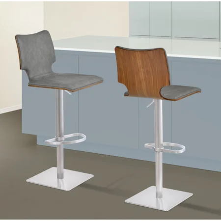 Contemporary Adjustable Height Bar Swivel Stool with Wood Back and Gray Faux Leather Upholstery