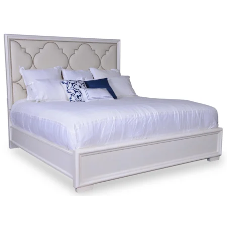 Queen Upholstered Panel Bed with Quatrefoil Nailhead Trim