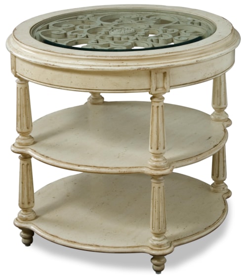 Carved Round Lamp Table with 2 Shelves