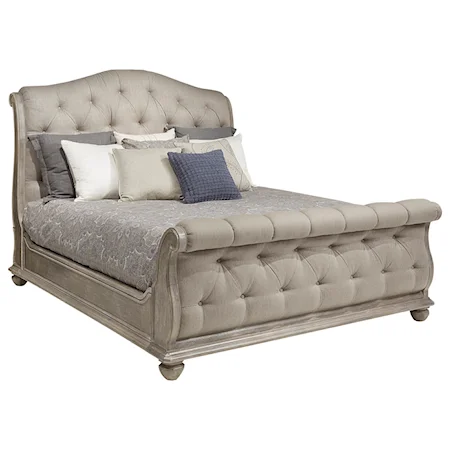 Relaxed Vintage Upholstered Queen Sleigh Bed with Tufting