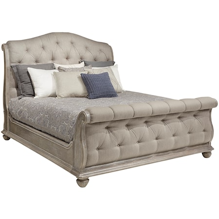Relaxed Vintage Upholstered King Sleigh Bed with Tufting