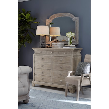 Relaxed Vintage 11 Drawer Dresser and Mirror Set with Distressed Finish