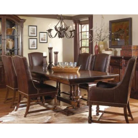 7-Piece Trestle Dining Room Set with Leather Chairs