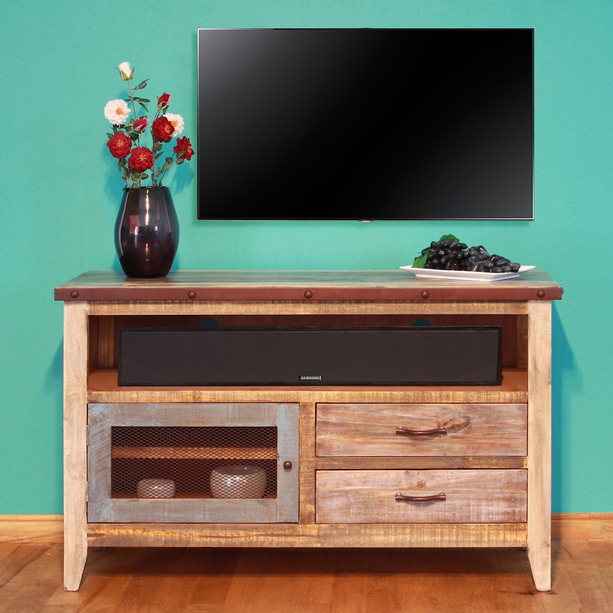 International Furniture Direct 900 Antique Solid Pine 52" TV Stand