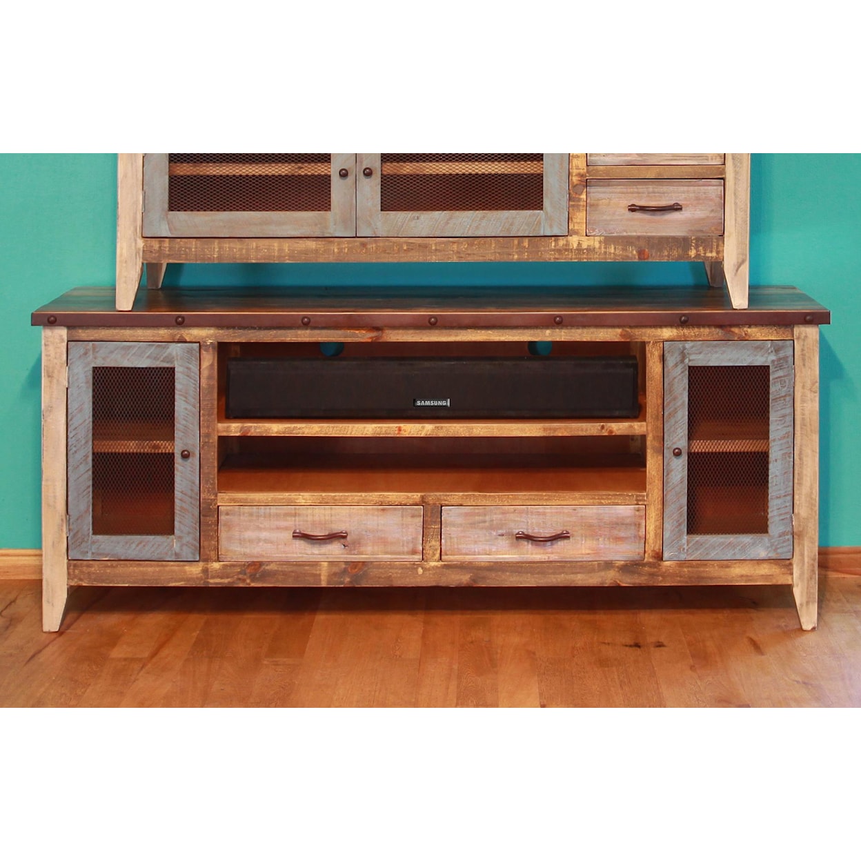 International Furniture Direct 900 Antique Solid Pine 76" TV Stand