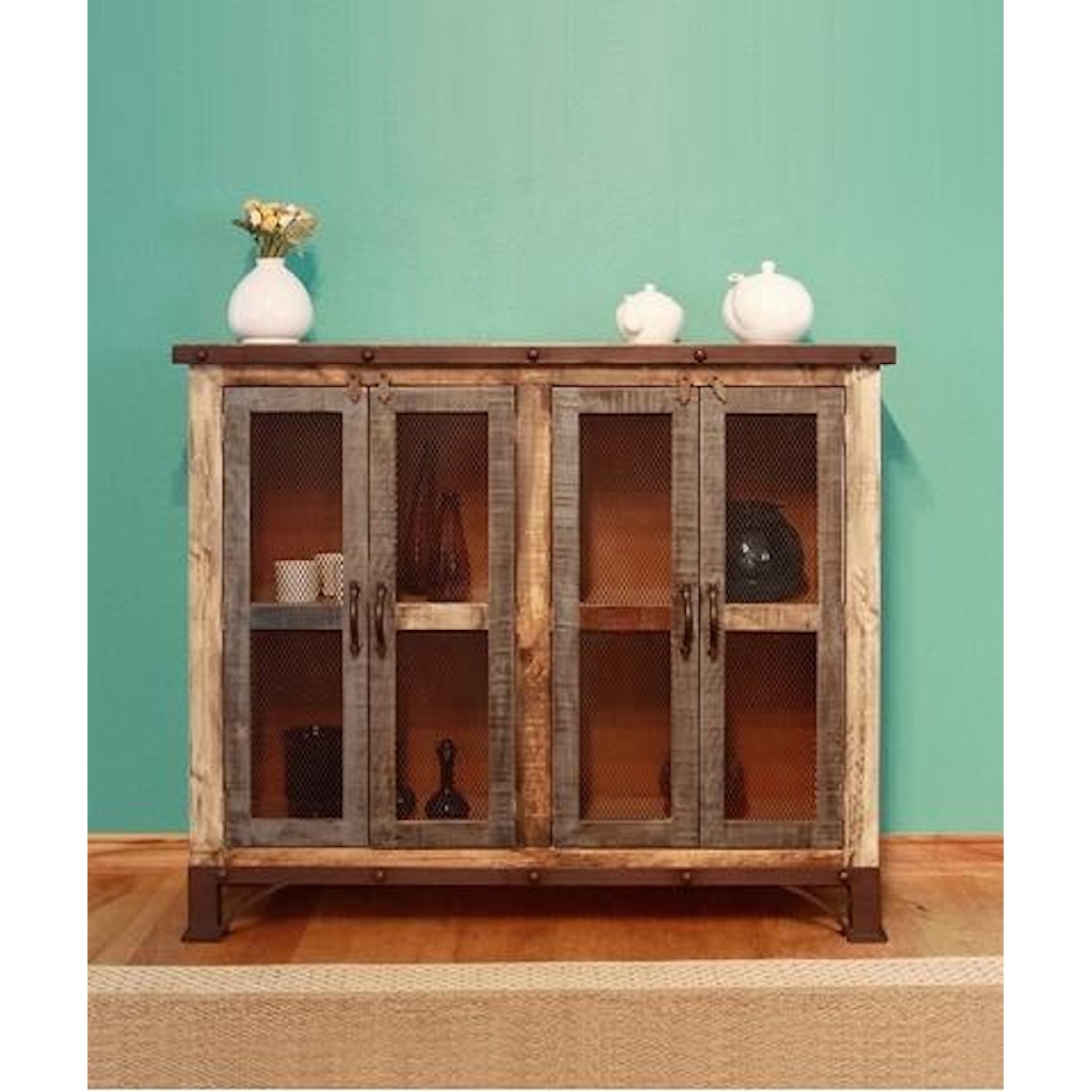 International Furniture Direct 900 Antique Multicolor Console with 4 Iron Mesh Doors