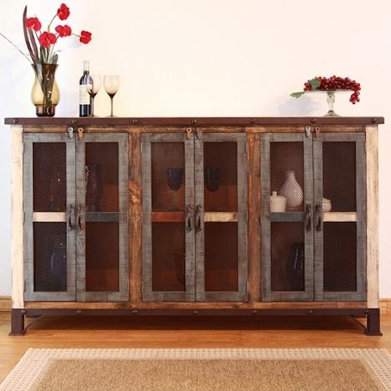 International Furniture Direct 900 Antique Multicolor Console with 6 Iron Mesh Doors