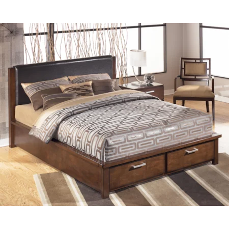 King Platform Storage Bed with 2 Footboard Drawers & Faux Leather Headboard