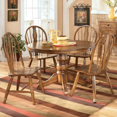 5-Piece Round Single Pedestal Dining Table with Leaf & Large Hoopback Chair Set
