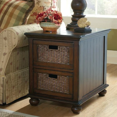 Rectangular End Table with Hand Woven Wicker Drawer Accents