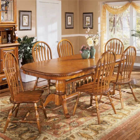 Oval Extension Trestle Table Set with 6 Bent Arrow Back Side Chairs