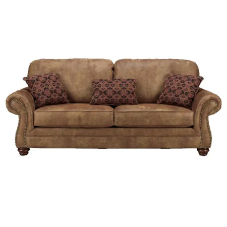 Sofa with Rolled Arms, Nailhead Trim, and Turned Bun Feet