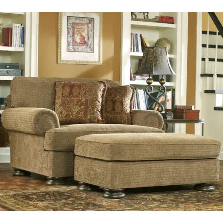 Eath Tone Upholstered Chair and a Half with Bun Feet