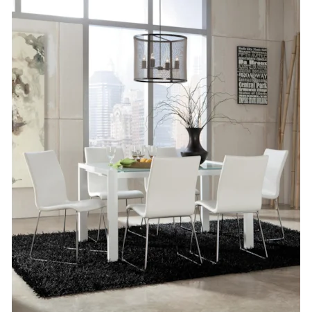 7-Piece Modern Glass Top Extension Table Set with 6 White Chairs