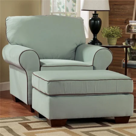 Contemporary Chair and Ottoman with Rolled Arms and Tapered Wood Feet
