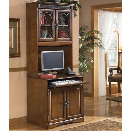 Desk with Felt Lined Keyboard Tray and Hutch with Glass Doors
