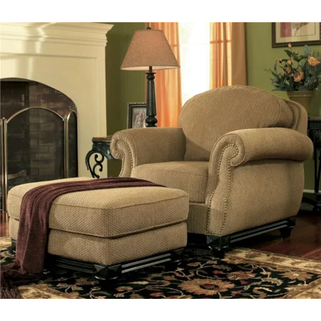 Traditional Upholstered Chair with Rolled Arms and Nailhead Trim & Ottoman