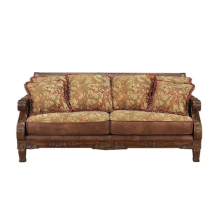 Traditional Exposed Wood Sofa with Fabric and Faux Leather Upholstery