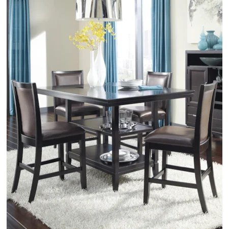 5-Piece Counter Table Set with Brown Upholstered Barstools
