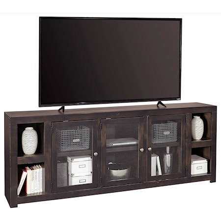 Contemporary 84" TV Console with Glass Cabinets and Cord Access Holes