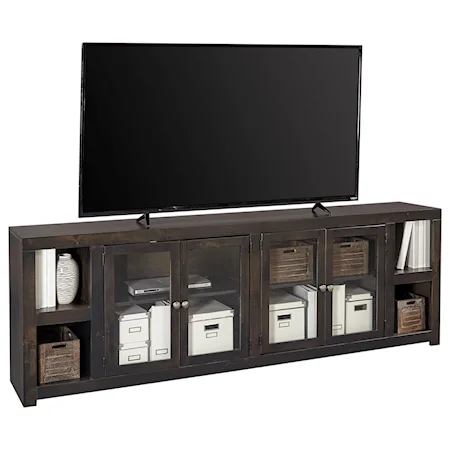 Contemporary 97" TV Console with Glass Cabinets and Cord Access Holes