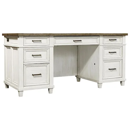 Farmhouse Executive Desk with Drop Front Keyboard Drawer and 2 AC Outlets