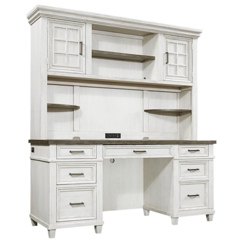 Farmhouse Credenza Desk and Hutch with Adjustable Interior Shelving and Drop Front Keyboard Drawer