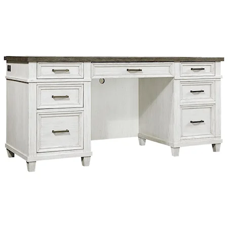 Farmhouse 5-Drawer Credenza Desk with Adjustable Interior Shelving and Felt-Lined Drop Front Drawer