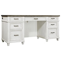 Farmhouse 5-Drawer Credenza Desk with Adjustable Interior Shelving and Felt-Lined Drop Front Drawer
