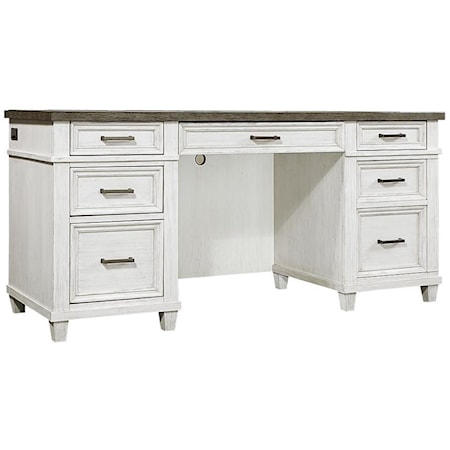 Farmhouse 5-Drawer Credenza Desk with Adjustable Interior Shelving and Felt-Lined Drop Front Drawer