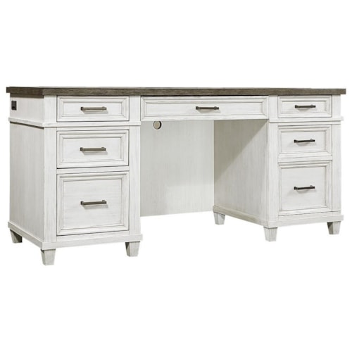Farmhouse 5-Drawer Credenza Desk with Adjustable Interior Shelving and Felt-Lined Drop Front Drawer