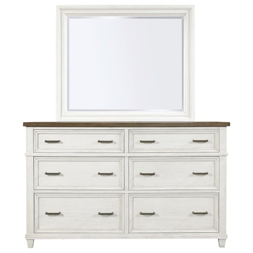 Farmhouse 6-Drawer Dresser and Mirror Combination with 2 Felt-Lined Drawers and 2 Cedar-Lined Drawers