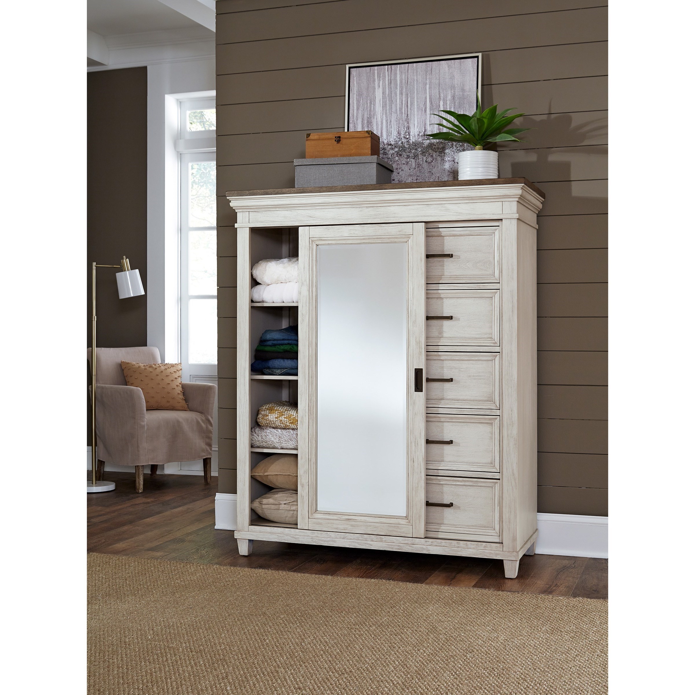 Birch Home Caraway Farmhouse Sliding Door 5 Drawer Chest with