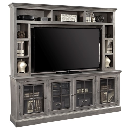 Transitional 85" TV Console and Hutch with Glass Doors