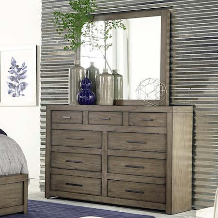 Contemporary Chesser and Mirror Set with Drop-Front Drawer