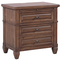 Transitional Two Drawer Nightstand with Pull-Out Laminate Shelf and Electrical Outlets
