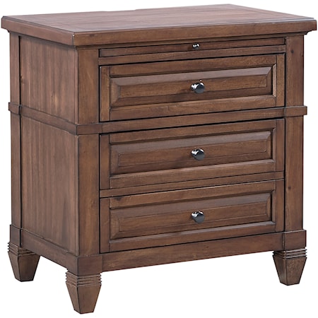 Transitional Two Drawer Nightstand with Pull-Out Laminate Shelf and Electrical Outlets