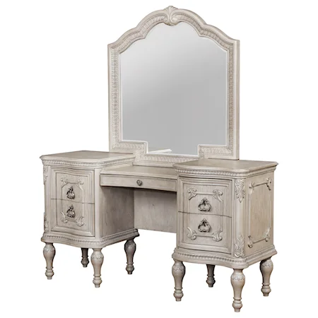 Traditional Vanity and Mirror Set with Turned Legs
