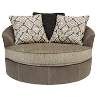 Brown Faux Leather/Fabric Oversized Swivel Accent Chair