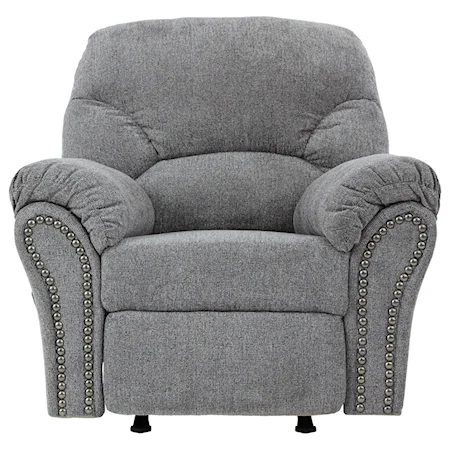 Rocker Recliner with Pillow Arms and Nailhead Trim