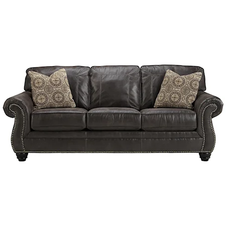 Faux Leather Sofa with Rolled Arms and Nailhead Trim