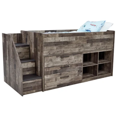 Rustic Low Loft Bed with Bookcase & Drawer Storage